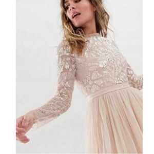 Needle & Thread Embellished Sequin and Toile Midi Dress in Rose Quartz NWT
